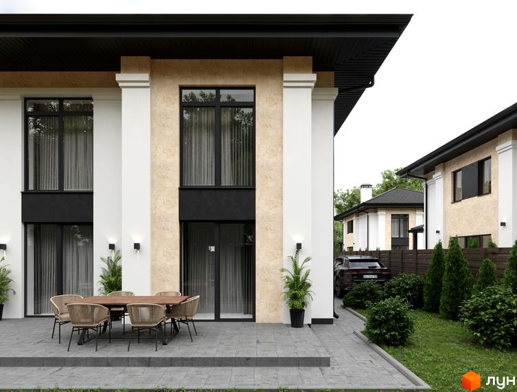 Котеджне містечко КМ Sandstone Residence з елегантною фасадною обробкою та затишною прибудинковою територією з місцем для відпочинку.