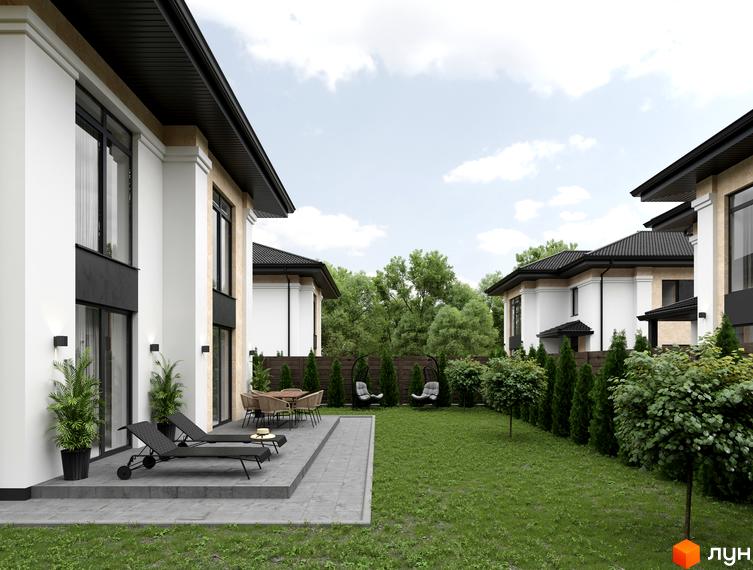 Котеджне містечко Sandstone Residence: фасади будинків з великими вікнами та терасою, зелена прибудинкова територія з газоном та деревами.