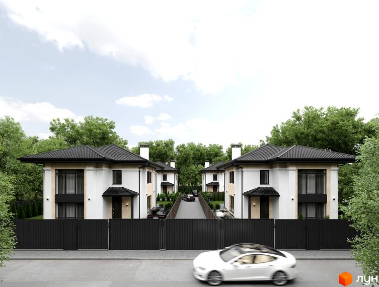 Котеджне містечко Sandstone Residence: двоповерхові будинки з чорними дахами та парканом. Прибудинкова територія з деревами та дорогою.