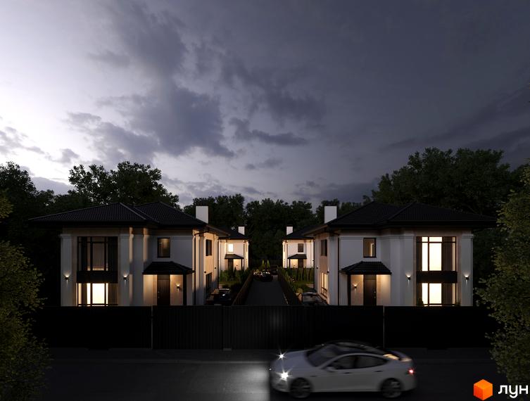 Котеджне містечко Sandstone Residence. Зовнішній вигляд двоповерхових будинків з великими вікнами та прибудинковою територією з деревами вночі.