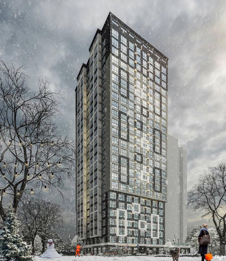 Житловий комплекс Квітень у зимовому пейзажі зі снігом та ялинками. Зовнішній вигляд будинку з великою кількістю вікон та декоративними елементами.