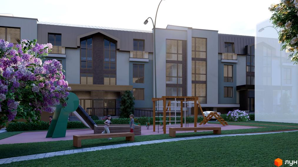 Зображення Житлового комплексу Пори року з дитячим майданчиком та ландшафтним дизайном. Фасад будинку з великими вікнами.