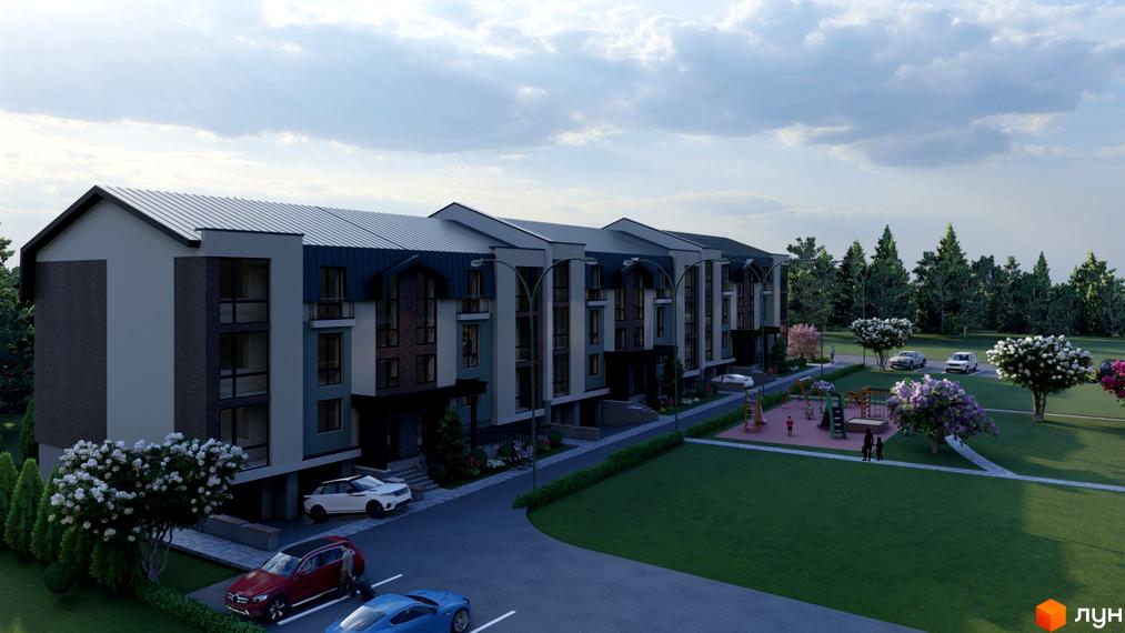 Зображення комплексу «Пори року» з фасадом та прибудинковою територією. На території дитячий майданчик, зелені насадження та парковка.