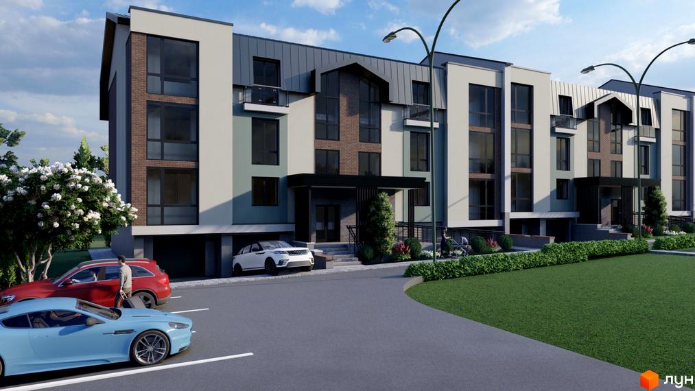 Зображення фасаду Житлового комплексу Пори року та прибудинкової території з парковкою, газоном та декоративними рослинами.