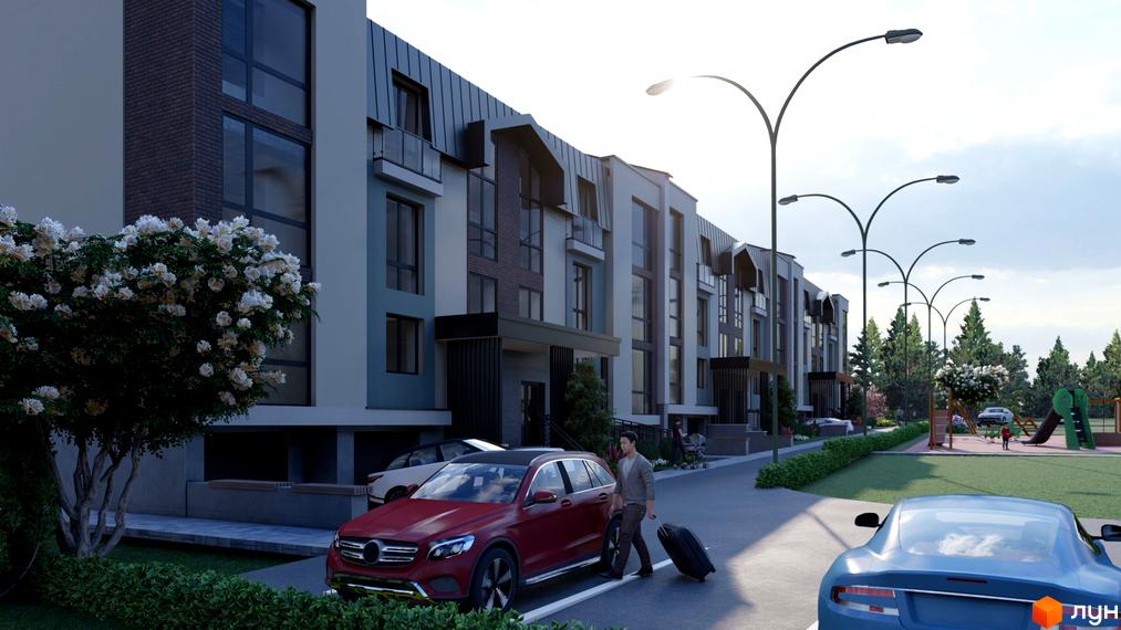 Зображення житлового комплексу з будинками в світлих тонах та з темними вставками. На прибудинковій території розташовані дерева, машини та дитячий майданчик.