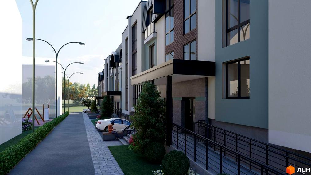 Зображення фасаду та прибудинкової території Житлового району Пори року. Вигляд на будівлю та пішохідну зону з лавками.