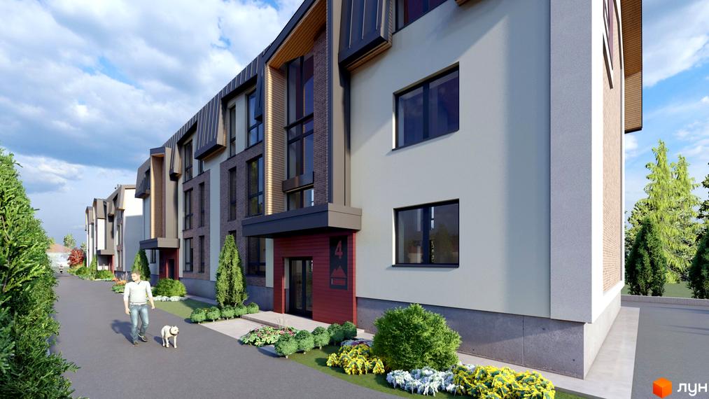 Зображення фасаду будинку Житлового комплексу Наварійський дворик та прибудинкової території з пішохідною алеєю.