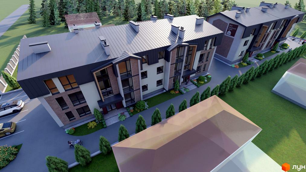 Вигляд з висоти пташиного польоту на Житловий комплекс Наварійський дворик. Будинки з сірими дахами, зелені насадження навколо.