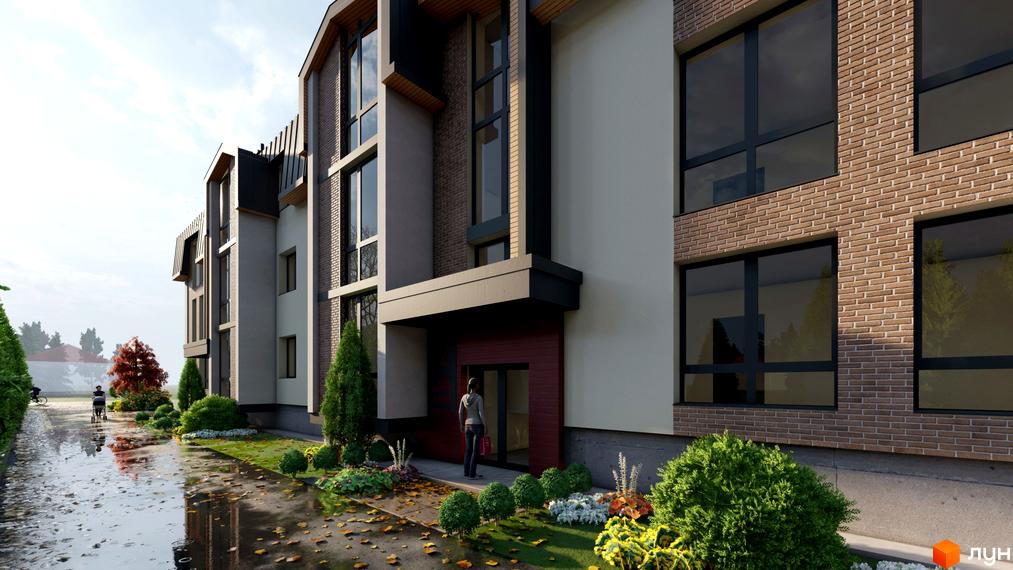 Зовнішній вигляд будинку ЖК Наварійський дворик з великими вікнами та цегляною кладкою. На території перед будинком висаджені рослини та дерева.