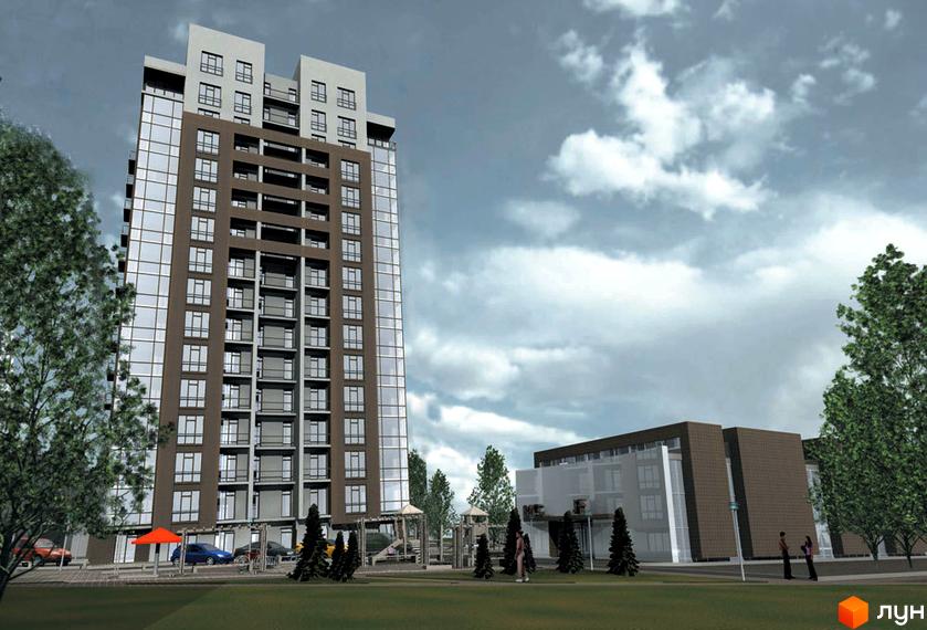 Житловий комплекс Ювілейний з висотним будинком та прибудинковою територією, облаштованою зеленими насадженнями.