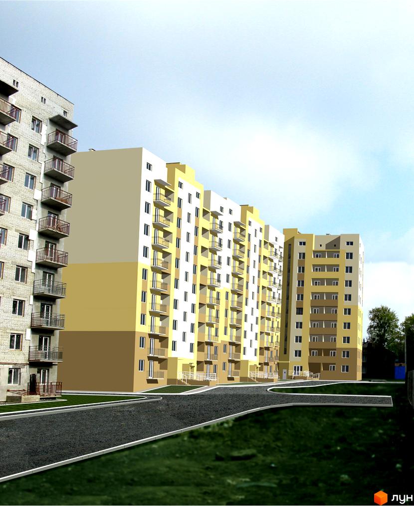 Зовнішній вигляд житлового комплексу Салтівське шосе з двома будинками та прибудинковою територією.