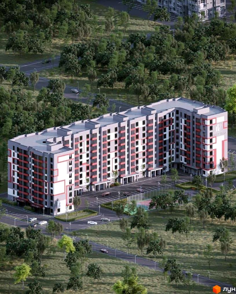 Зображення багатоповерхового будинку Житлового комплексу Happy Дім з паркінгом та зеленими насадженнями навколо.