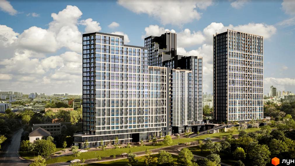 Житловий комплекс Nordica Residence – це три висотні будівлі з панорамним склінням та сірими фасадами, розташовані серед зеленої зони з доглянутими доріжками та деревами.