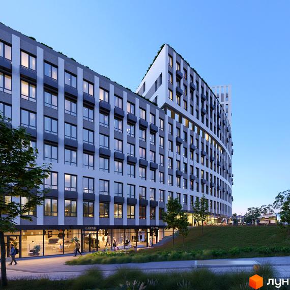 Житловий комплекс Greenville Park Lviv з багатоповерховим вигнутим фасадом та комерційними приміщеннями на першому поверсі, оточений зеленою зоною.