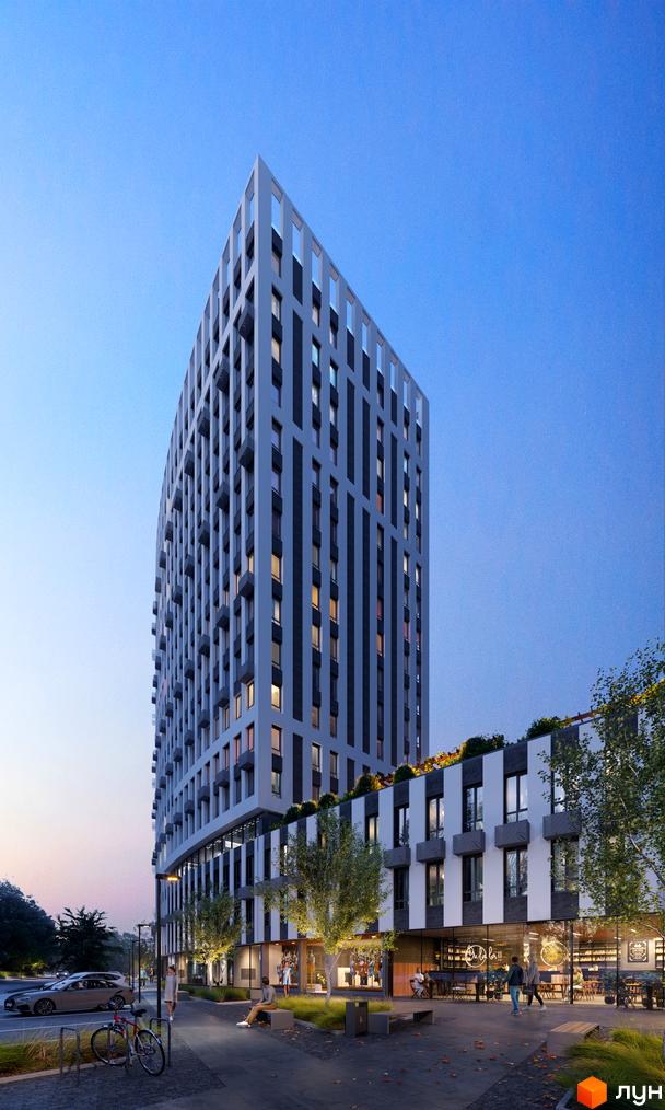 Житловий комплекс Greenville Park Lviv: багатоповерхова будівля з вертикальним фасадом, комерційні приміщення на першому поверсі та облаштована прибудинкова територія з деревами.