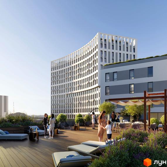 Зображення житлового комплексу Greenville Park Lviv з терасою на даху. Вид на багатоповерховий будинок та зону відпочинку з озелененням.