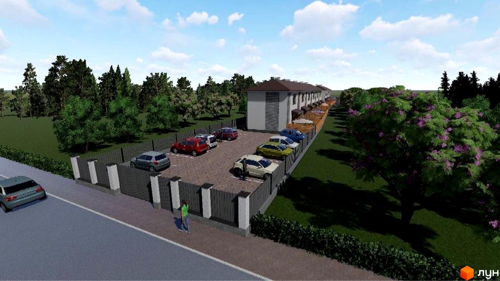 Зображення таунхаусів Comfort home з парковкою та зеленою територією. Вигляд на фасади будинків та припарковані автомобілі.