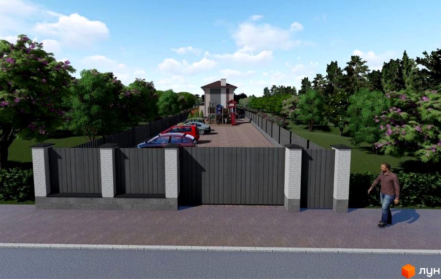 Зображення фасаду будинку в житловому комплексі Comfort home з парковкою та дитячим майданчиком на території. Поруч зелені насадження та огорожа.