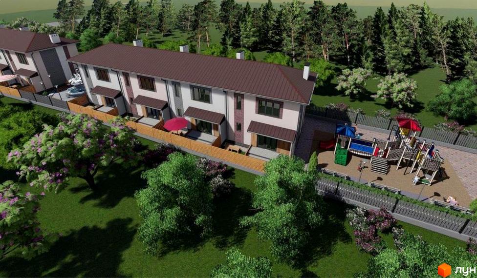 Зображення житлового комплексу Comfort home, з таунхаусами з коричневою покрівлею та прибудинковою територією з дитячим майданчиком.