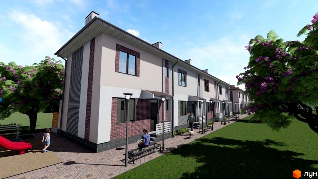 Зображення фасаду таунхаусів Comfort home. На передньому плані дитячий майданчик, зелена зона та лавки для відпочинку.