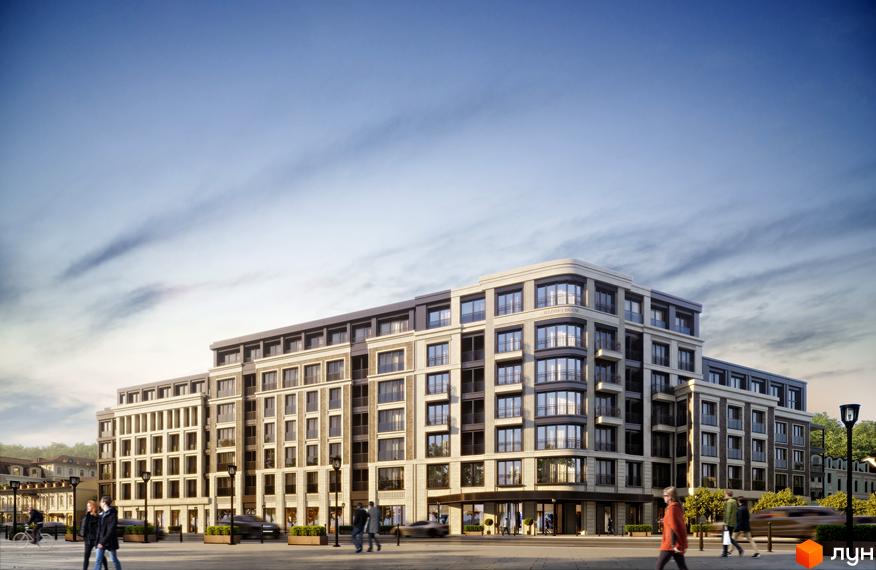 Житловий комплекс Illinsky House з фасадом світлого кольору, великими вікнами та вхідною групою. На передньому плані тротуар з пішоходами та автомобілями.