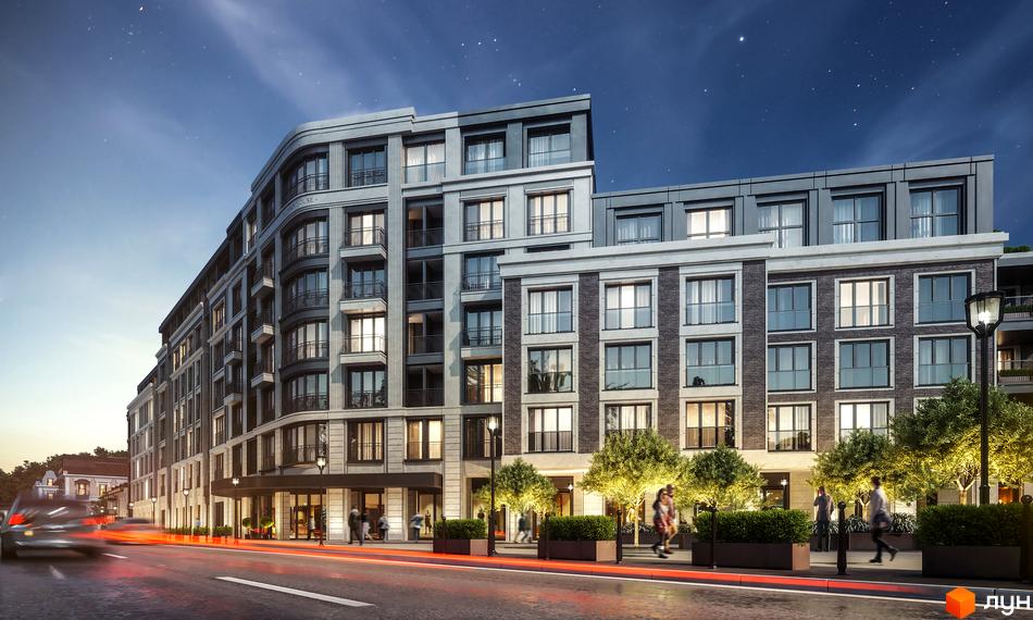 Житловий комплекс Illinsky House з фасадами з натуральних матеріалів та великими вікнами. Навколо будинку зелені насадження та освітлення.