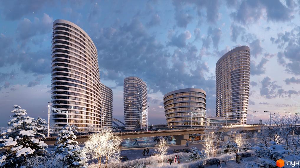 Житловий комплекс OASIS у зимовий період з футуристичними хмарочосами та засніженою територією.
