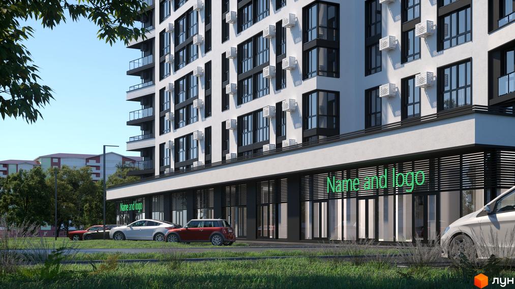 Зовнішній вигляд новобудови ЖК Галицький з кондиціонерами на фасаді та прибудинковою територією з автомобілями. Сучасний житловий комплекс з великими вікнами та балконами.