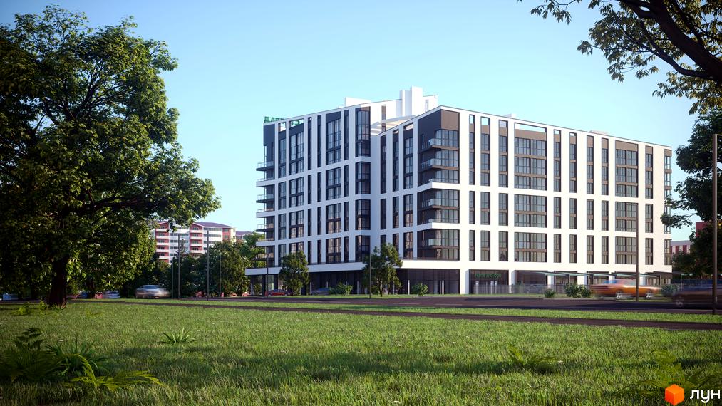 Житловий комплекс Галицький – це сучасна новобудова з біло-темною фасадною частиною, великими вікнами та балконами. Територія навколо комплексу озеленена, з доглянутими газонами та деревами.