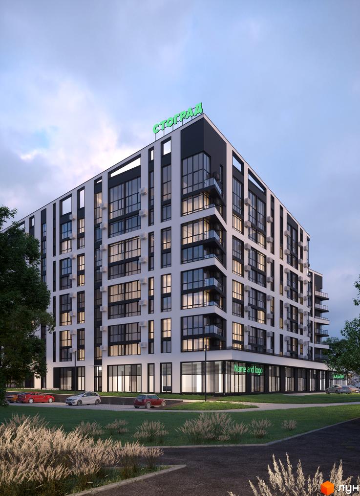 Житловий комплекс Галицький - сучасна новобудова з панорамними вікнами та балконами, з автомобілями на парковці та зеленою зоною навколо.