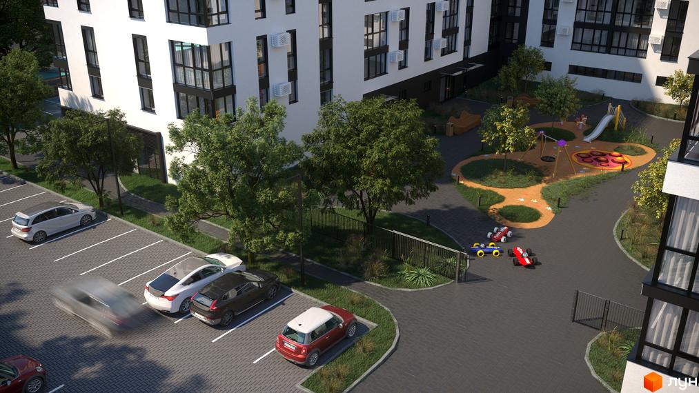 Зовнішній вигляд новобудови ЖК Галицький з дитячим майданчиком та парковкою. Сучасна архітектура та зелена прибудинкова територія.