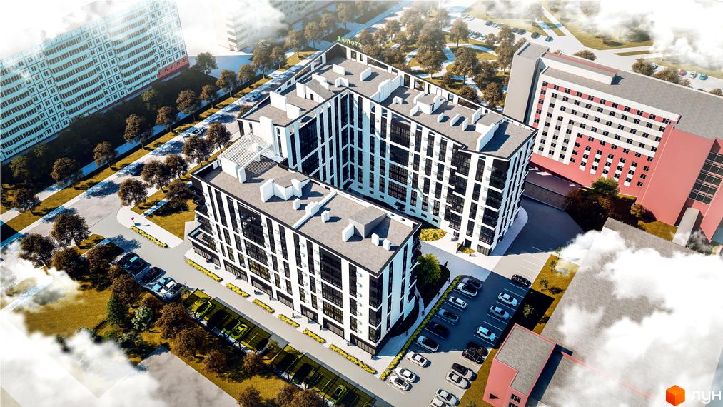 Вид на житловий комплекс Галицький з фасадами біло-чорного кольору та прибудинковою територією з парковкою.