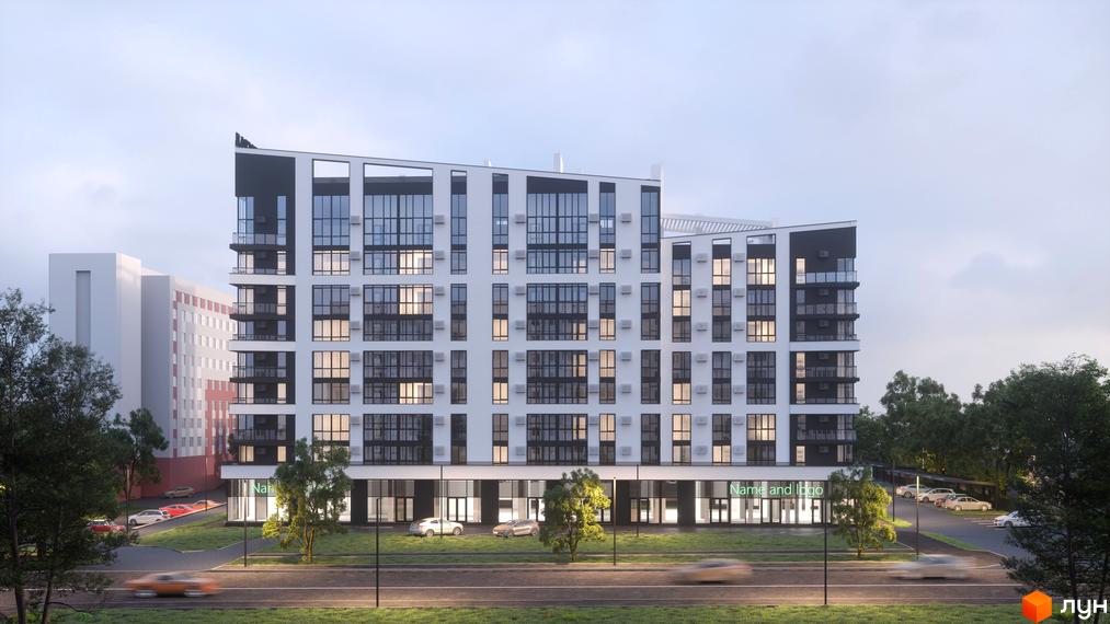 Новобудова ЖК Галицький з панорамними вікнами та балконами, перед якою розташована дорога з автомобілями та зелені насадження.