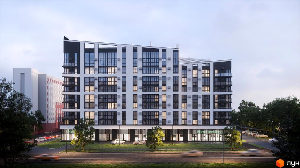 Новобудова ЖК Галицький має білий фасад з чорними елементами та панорамними вікнами. Поруч розташована прибудинкова територія з деревами та автомобілями.