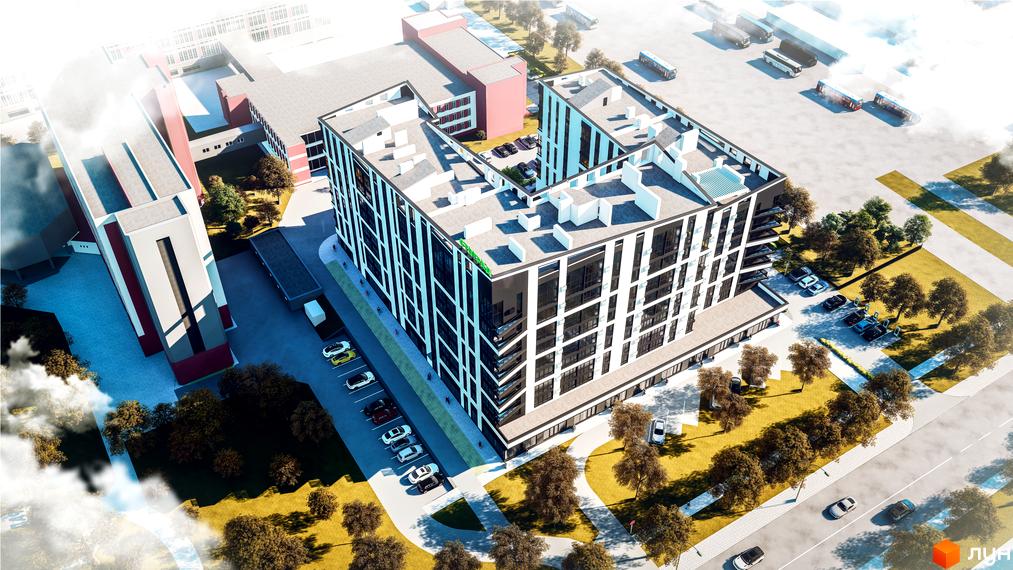 Вид на новобудову ЖК Галицький з фасадом у чорно-білих тонах та прибудинковою територією з парковкою та зеленими насадженнями.