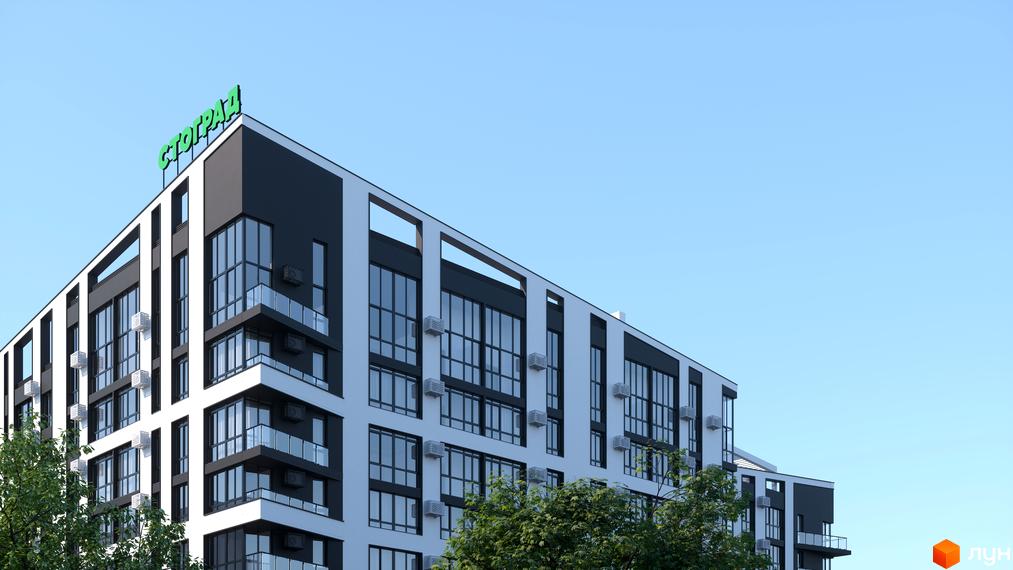 Фасад новобудови ЖК Галицький з великими вікнами та кондиціонерами. На даху видно зелену вивіску