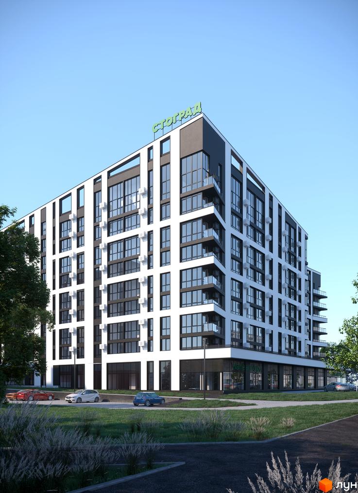 Зовнішній вигляд новобудови ЖК Галицький з великою кількістю вікон та балконів. Навколо будинку облаштована прибудинкова територія з газоном та автомобілями.