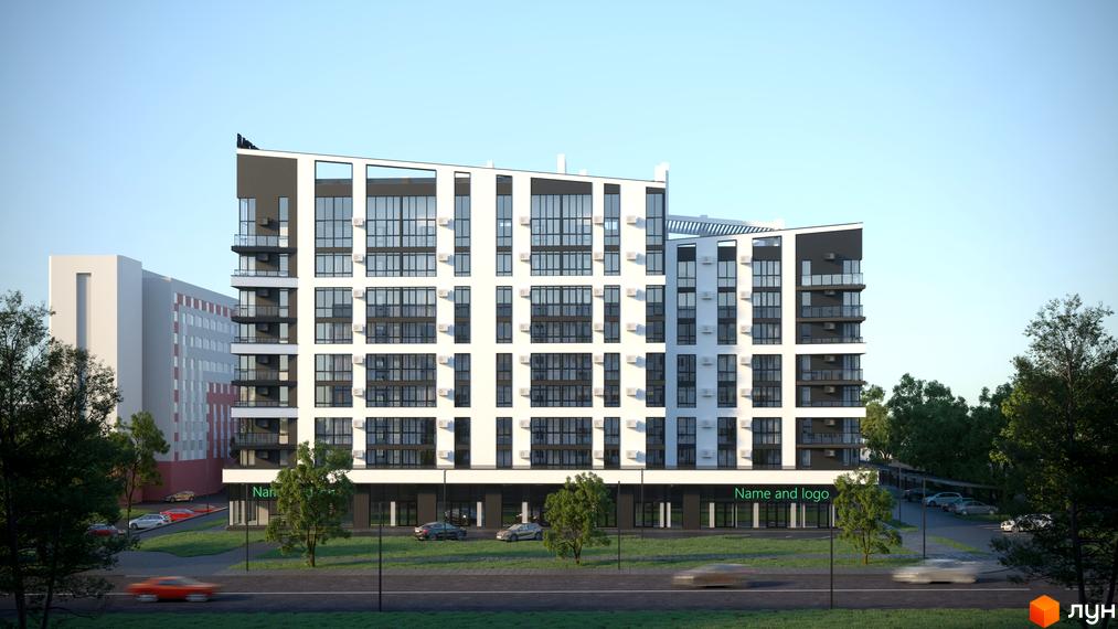 Житловий комплекс Галицький – це сучасна новобудова з великою кількістю вікон та балконів, розташована на фоні блакитного неба. Прибудинкова територія упорядкована, з деревами та парковкою.