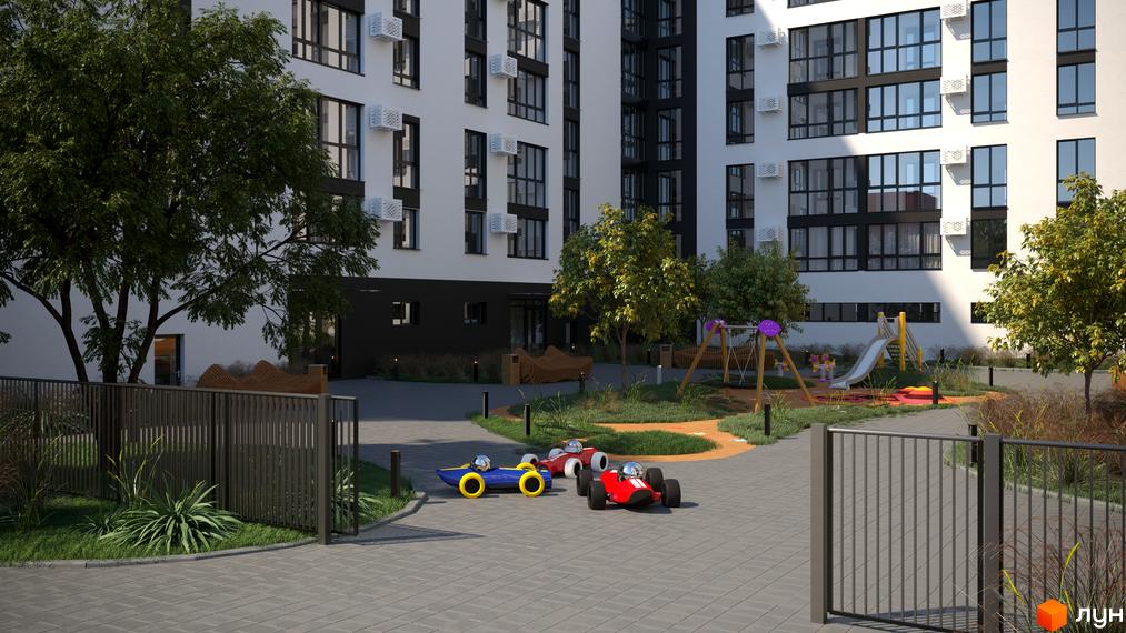 Новобудова ЖК Галицький з дитячим майданчиком та зоною відпочинку. Сучасний фасад будинку та доглянута прибудинкова територія.