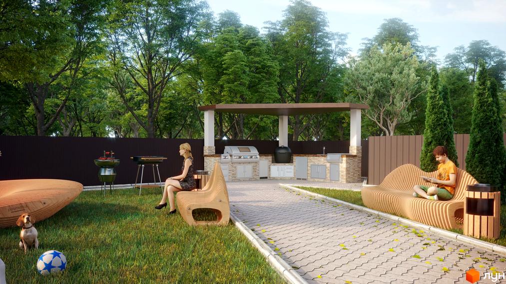 Зображення прибудинкової території Vishenki Townhouse з зоною барбекю та ландшафтним дизайном. Вигляд на будинок з зеленим газоном.