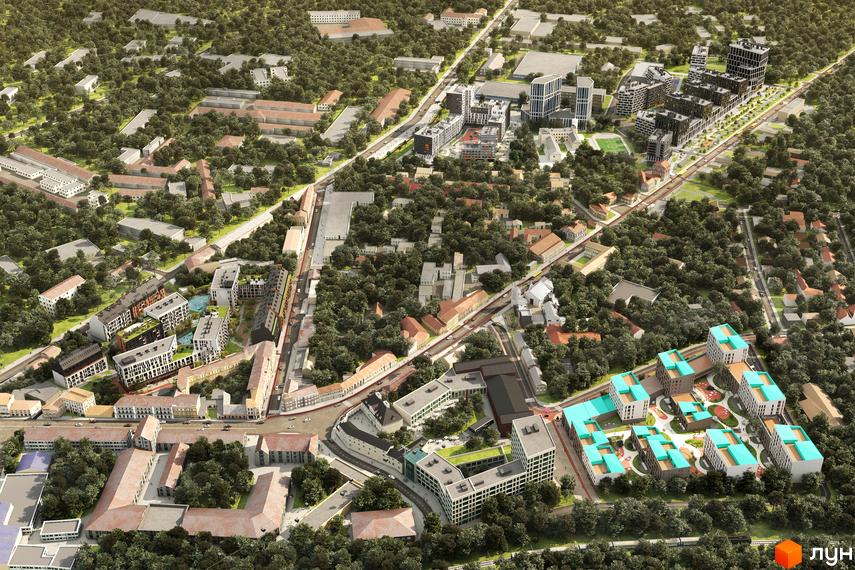 Вид на житловий комплекс Містечко Підзамче з висоти пташиного польоту, що демонструє сучасну архітектуру будівель та зелену прибудинкову територію з зонами відпочинку.