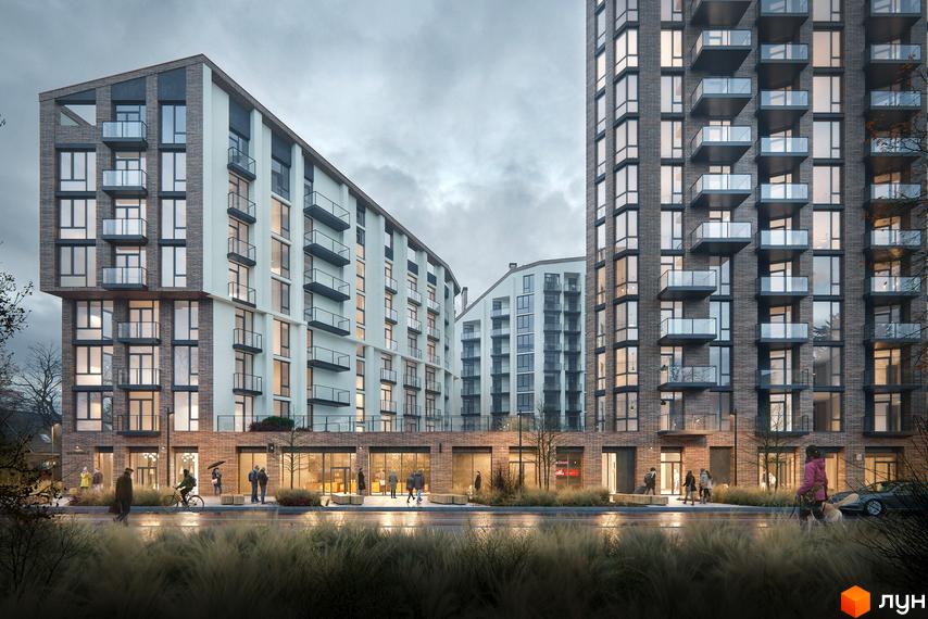 Pokrovsky Apart Complex - сучасний житловий комплекс з цегляним фасадом та великими вікнами. Навколо будинку облаштована прибудинкова територія з пішохідними доріжками та зеленими насадженнями.