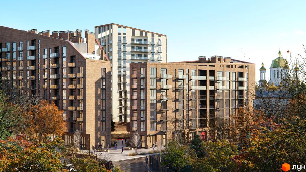 Pokrovsky Apart Complex – це житловий комплекс з цегляними фасадами та балконами, розташований поруч з парковою зоною та церквою.