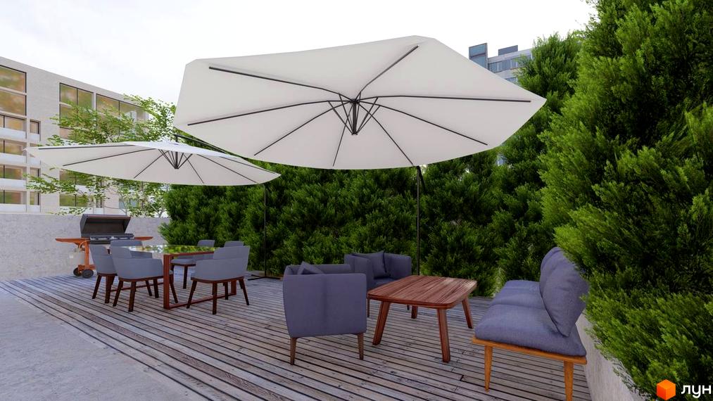 Зображення тераси з меблями та парасольками в Клубному будинку ART HOUSE. Навколо багато зелені.