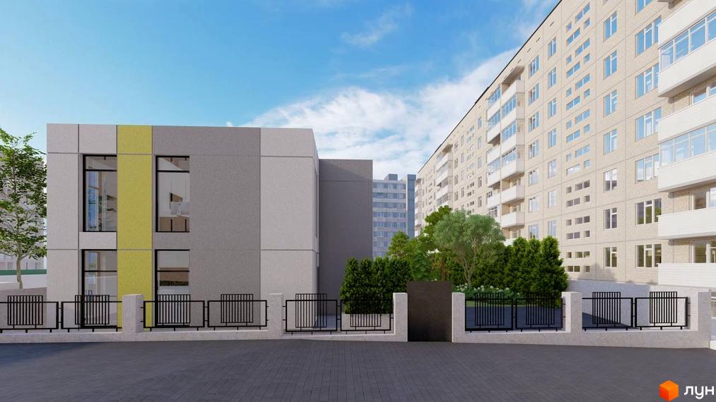 Зображення фасаду будівлі Клубний будинок ART HOUSE з великими вікнами та огорожею. На території є зелені насадження та парковка.