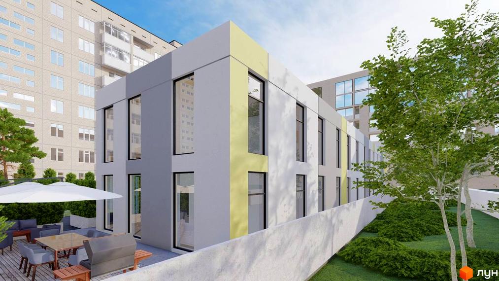 Зовнішній вигляд будівлі житлового комплексу ART HOUSE з великими вікнами та терасою. На прибудинковій території є зелені насадження та місце для відпочинку.