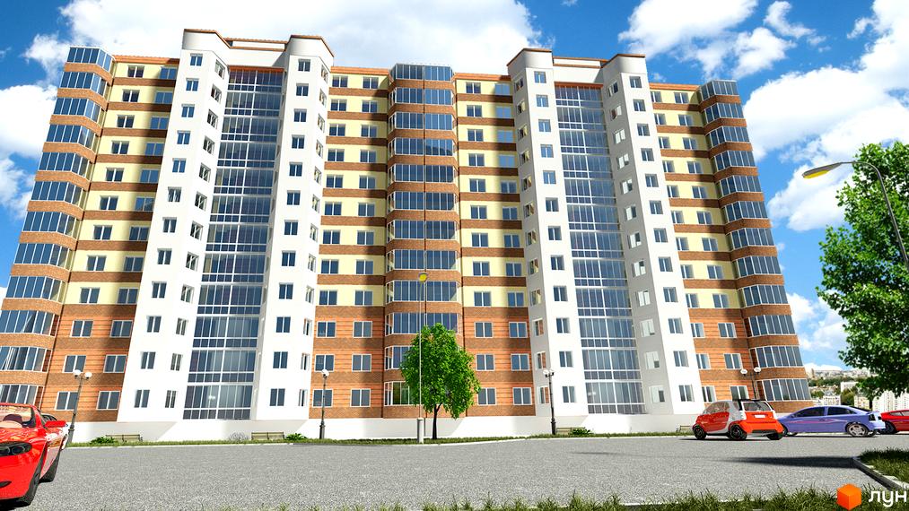 Житловий комплекс Полісся з білими, жовтими та цегляними фасадами та великими вікнами. Перед будинком асфальтована дорога, дерева та припарковані автомобілі.