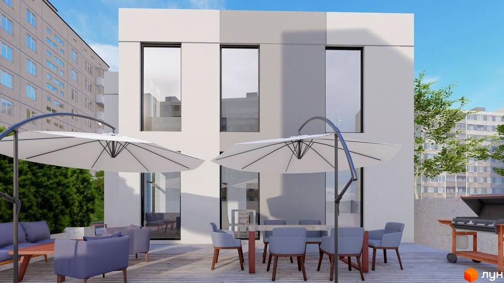 Зовнішній вигляд будинку клубного типу ART HOUSE з білими фасадами та великими вікнами. На терасі розташовані столики, парасольки та зона барбекю.