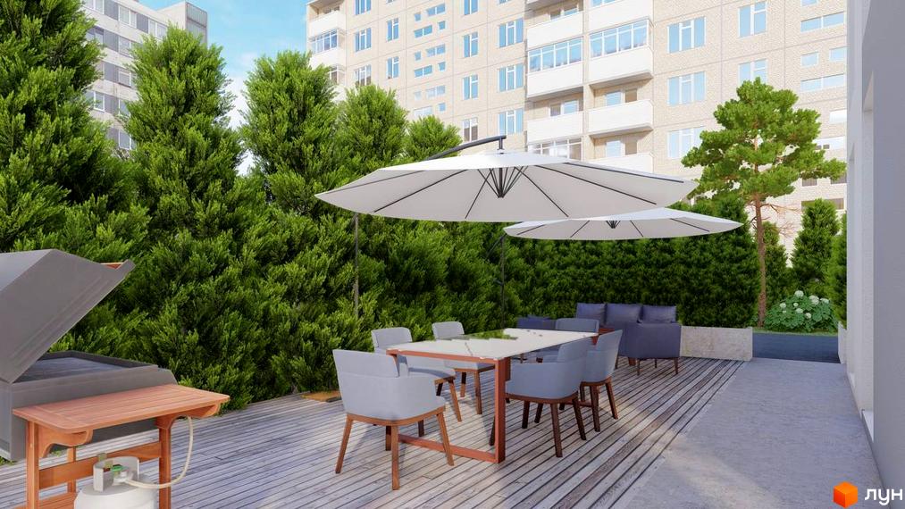 Зображення сторінки ЖК Клубний будинок ART HOUSE. На фото: тераса з меблями та грилем на фоні будівлі з вікнами та зеленими насадженнями.