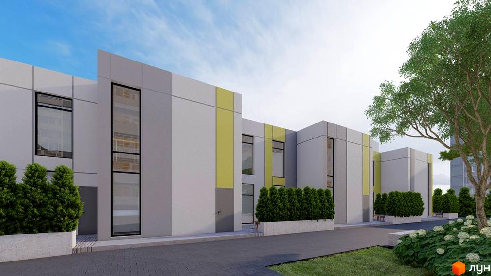 Зображення фасаду Клубного будинку ART HOUSE з великими вікнами та прибудинковою територією з зеленими насадженнями.